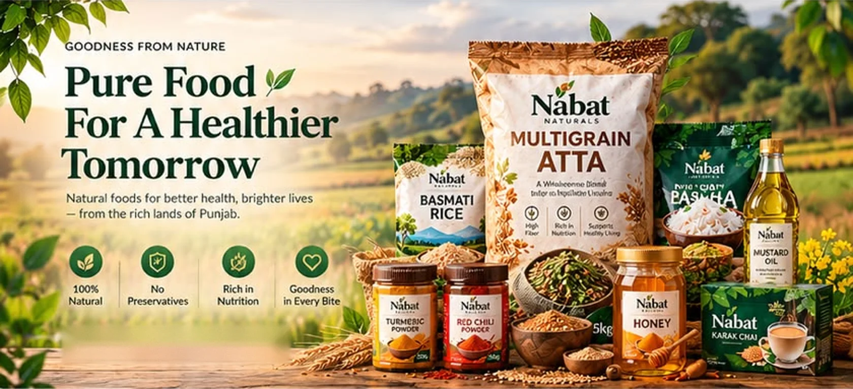 Nabat Naturals products: multigrain atta, basmati rice, turmeric and red chili powder, honey, mustard oil and karak chai